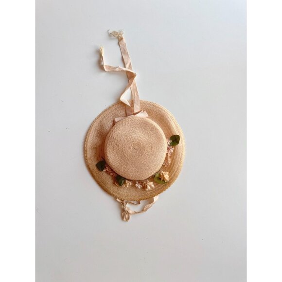 Vintage Pale Peach Pink Staw Faux Floral Grosgrain Ribbon Boater Hat - Picture 5 of 14